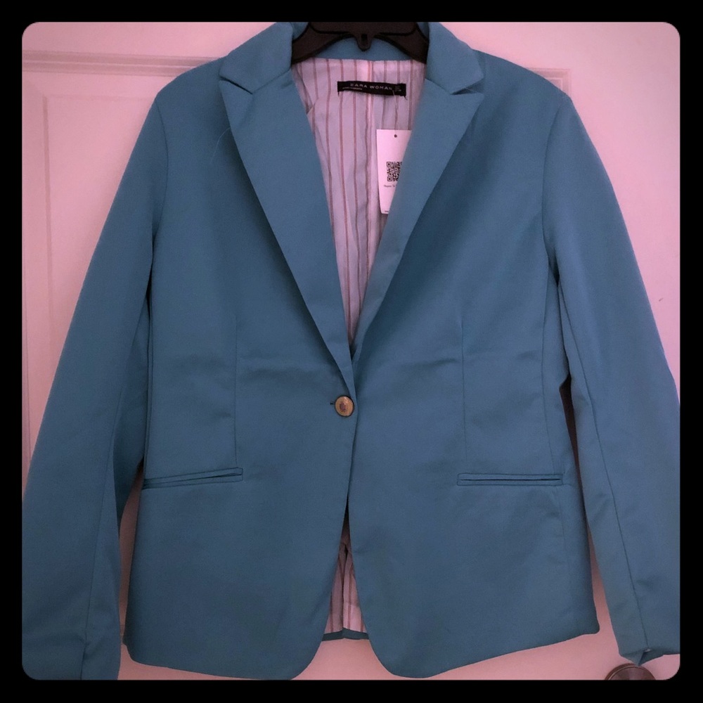 Zara women blazer in aqua blue.